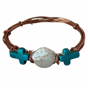 Copper Wire Wrap Bracelet Freshwater Pearl Turquoise Cross Beads